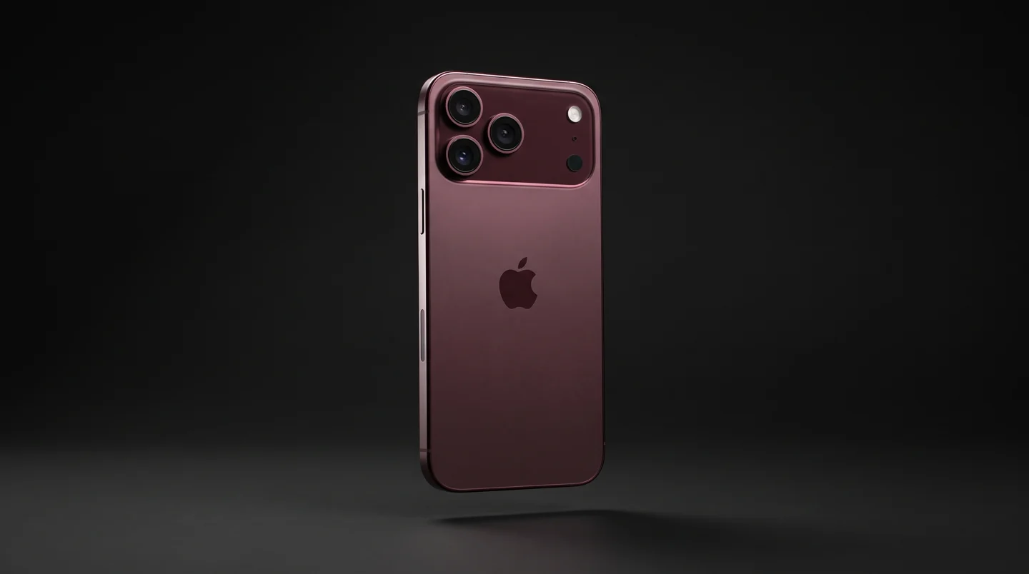 iPhone 18 Pro Max bordô, visto de trás em cenário escuro.