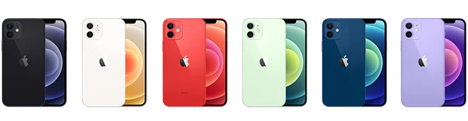 iPhone 12 em diferentes cores e ângulos.