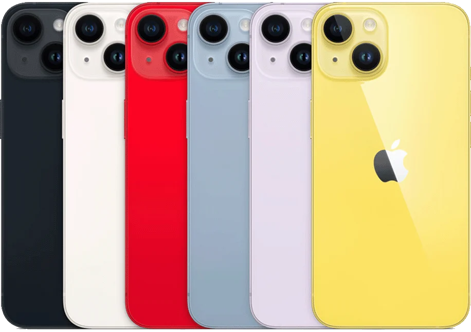 iPhone 14 em diferentes cores e ângulos.