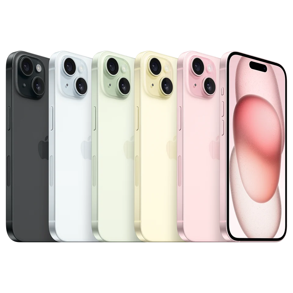 iPhone 15 em diferentes cores e ângulos.