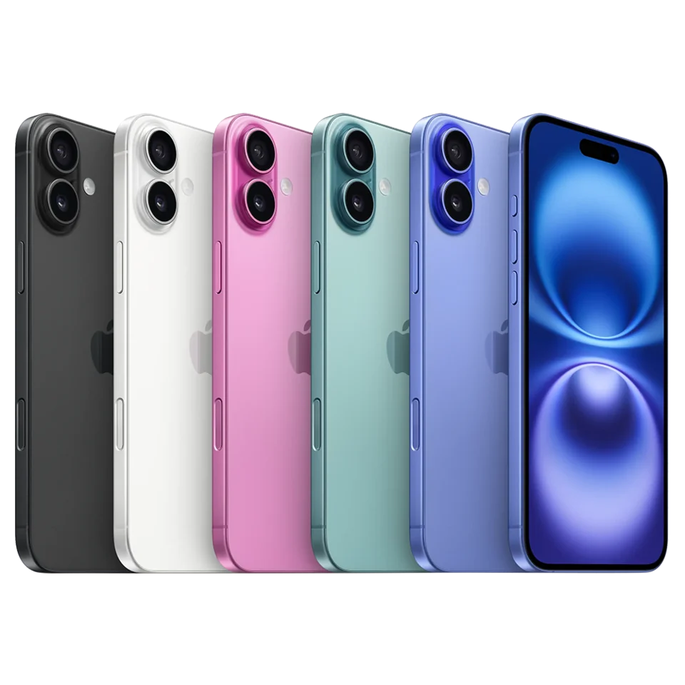 iPhone 16 em diferentes cores e ângulos.