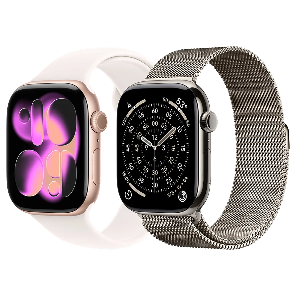 Apple Watch Series 11 em diferentes cores e ângulos.