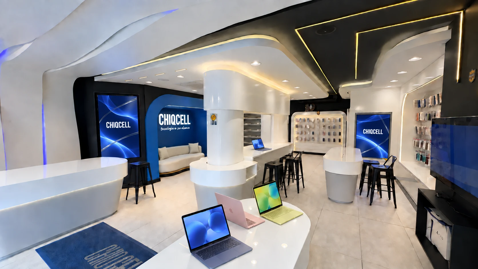 Ilhas brancas, colunas curvas e lounge azul da Chiq Cell, em uma composição de campanha.