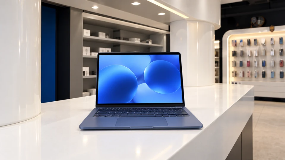 MacBook azul sobre a ilha branca, em uma composição de campanha.